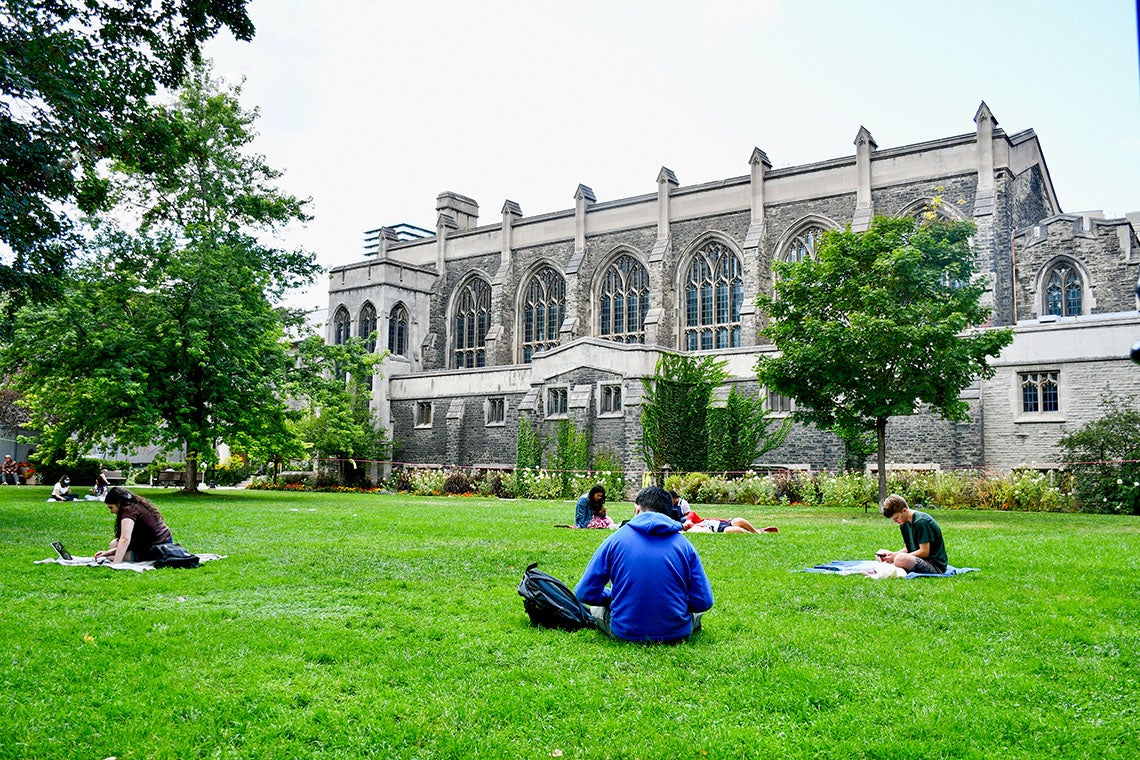 Students relax in the Vic College quad