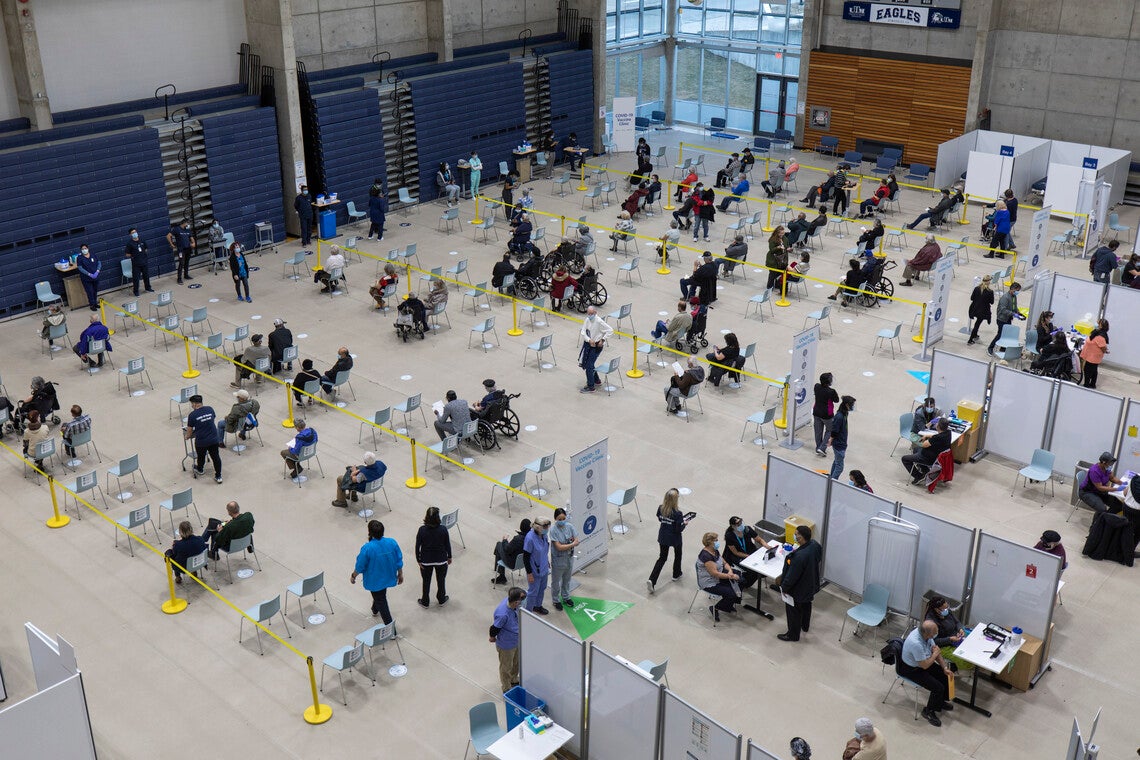 An aerial view of a U of T vaccine clinic