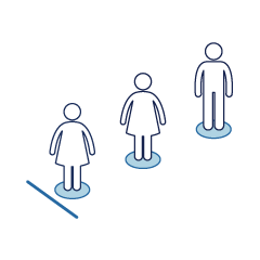 An illustration of three people standing on socially distanced standing areas