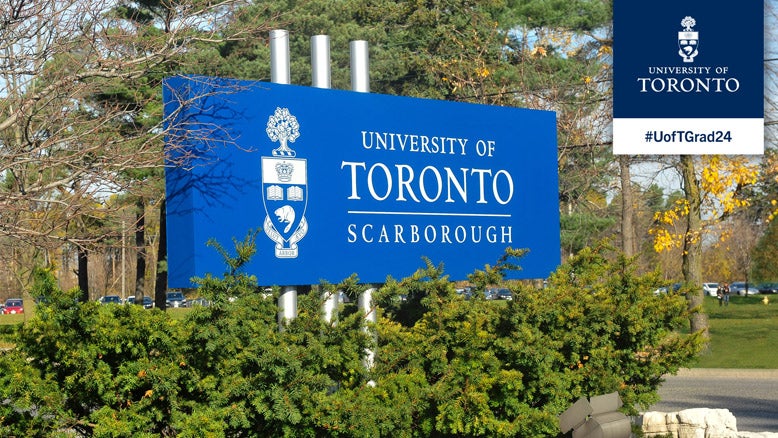 U of T Scarborough campus sign, surrounded by green trees