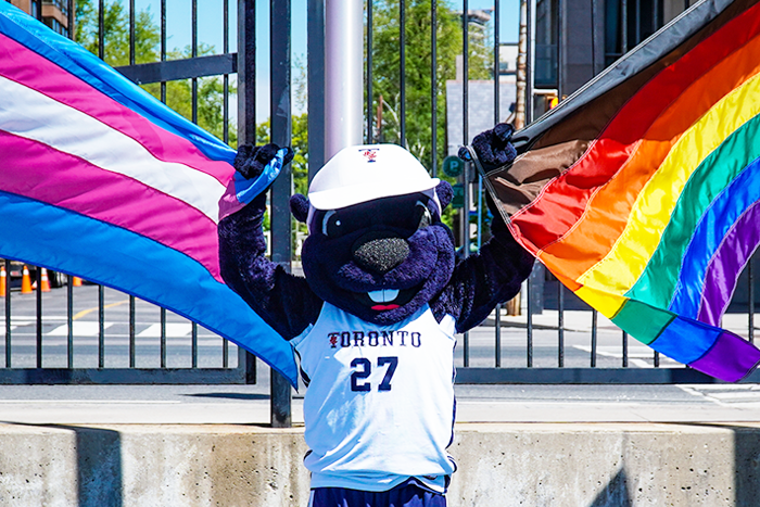 True Blue mascot stands between the Trans and Pride flags