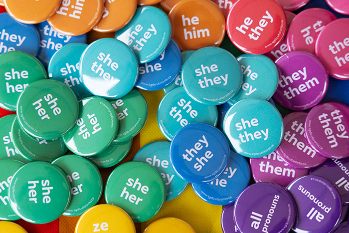 Pronoun buttons in a variety of colours