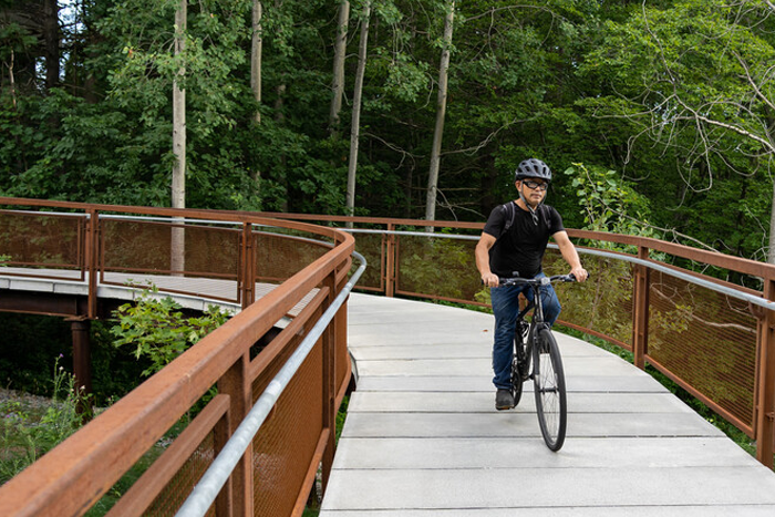 A cyclist crossing a bridge with trees in the background