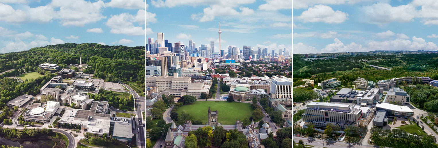 Aerial photos of U of T's three campuses