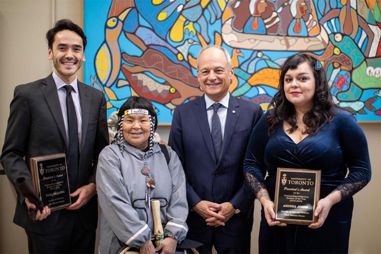Tyee Fellows, Inuk Knowledge Keeper Naulaq LeDrew, U of T President Meric Gertler and Andrea Johns pose for a photo at First Nations House