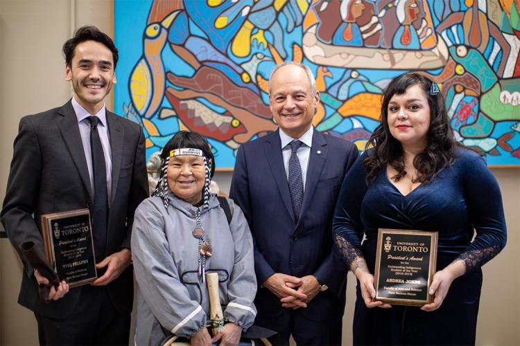 Tyee Fellows, Inuk Knowledge Keeper Naulaq LeDrew, U of T President Meric Gertler and Andrea Johns pose for a photo at First Nations House 