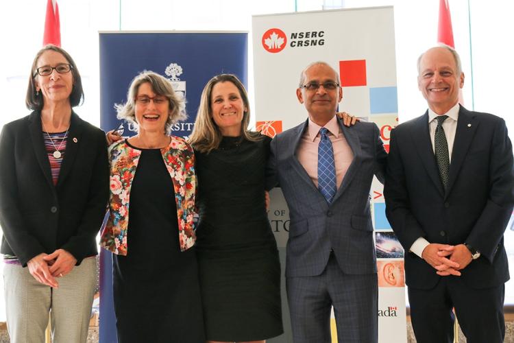 Photo of Chrystia Freeland with U of T officials