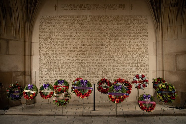 wreathes laid for remebrance day at Soldier's Tower in 2022 at the University of Toronto St. George