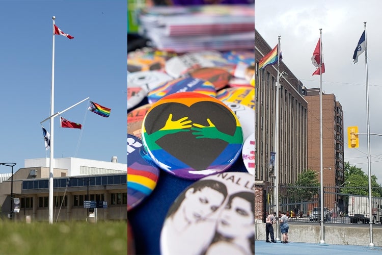 photo montage of pride flags being flown at UTM and St. George campus and a colleciton of pride buttons at UTSC