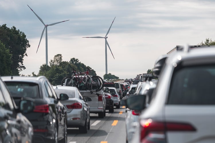 Traffic is backed up on the A9 autobahn south of Nuremberg in the direction of Munich