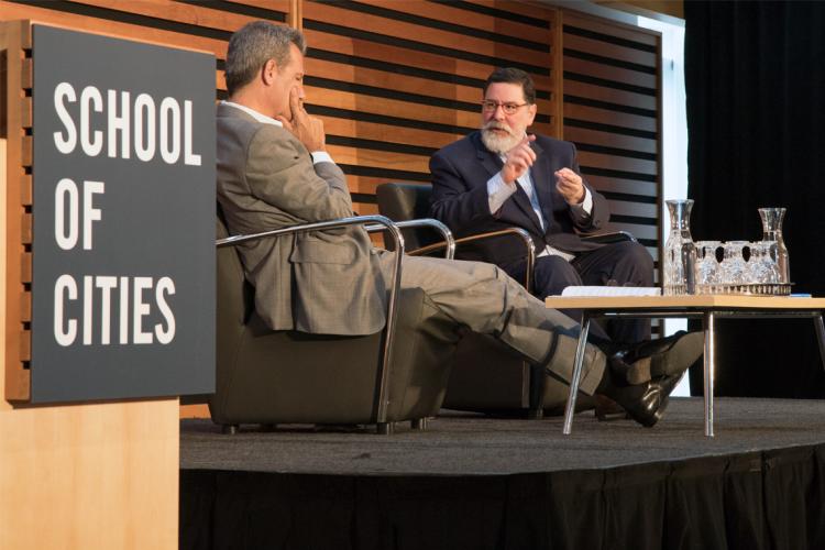 Photo of Richard Florida and Pittsburgh Mayor Bill Peduto on stage