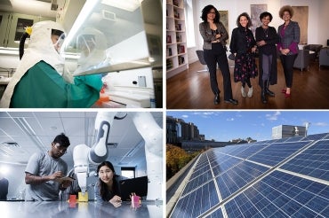 collage showing the CL3 lab, the Black Research Network leaders, the continuum robotics lab and a group of solor panels on a U of T rooftop