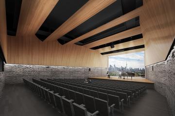 rendering of the Interior of the 90 Queens Park performance hall with a view of the Toronto skyline