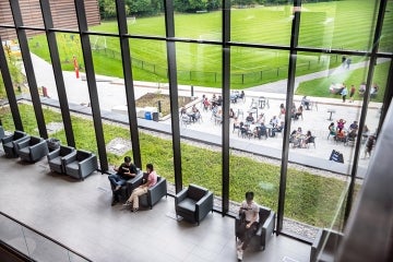 a view from above the Maanjiwe nendamowinan atrium at UTM