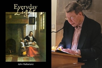 Everyday light book cover and John Reibetanz speaking at a dias