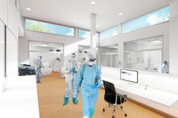 Rendering of medical staff working in the quick-build icu building